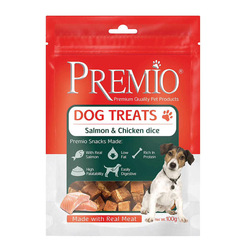 חטיף פרמיו לכלב סלמון ועוף בצורת קוביות 100 גרם