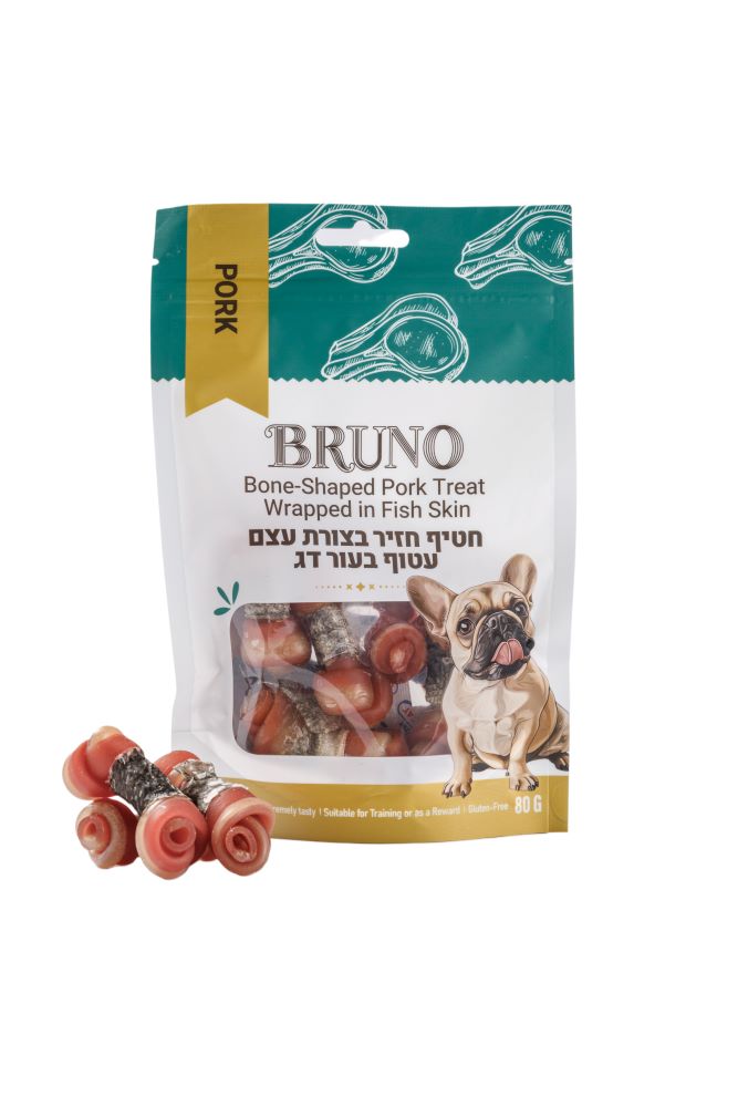 חטיף ברונו בטעם חזיר בצורת עצם עטוף בדג