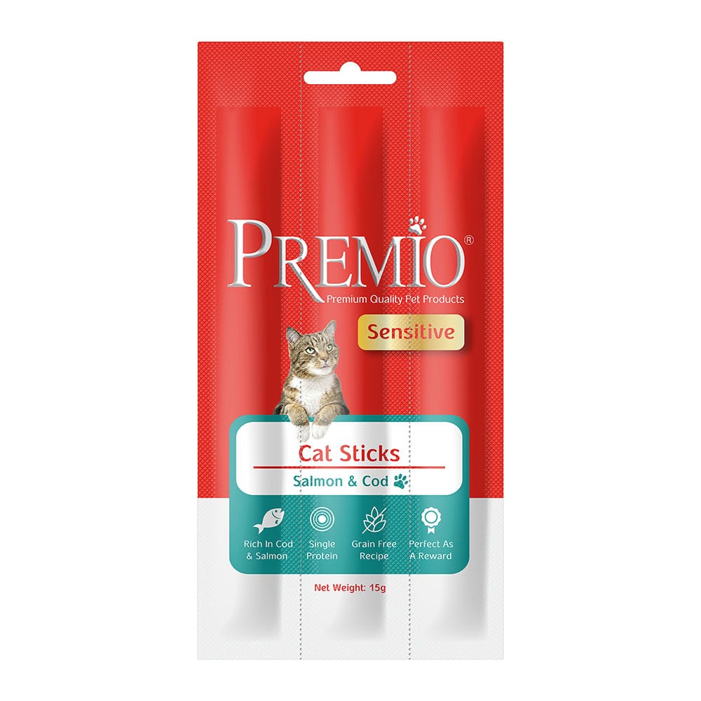 חטיף פרמיו 3 מקלות בשר בטעם סלמון ודג קוד