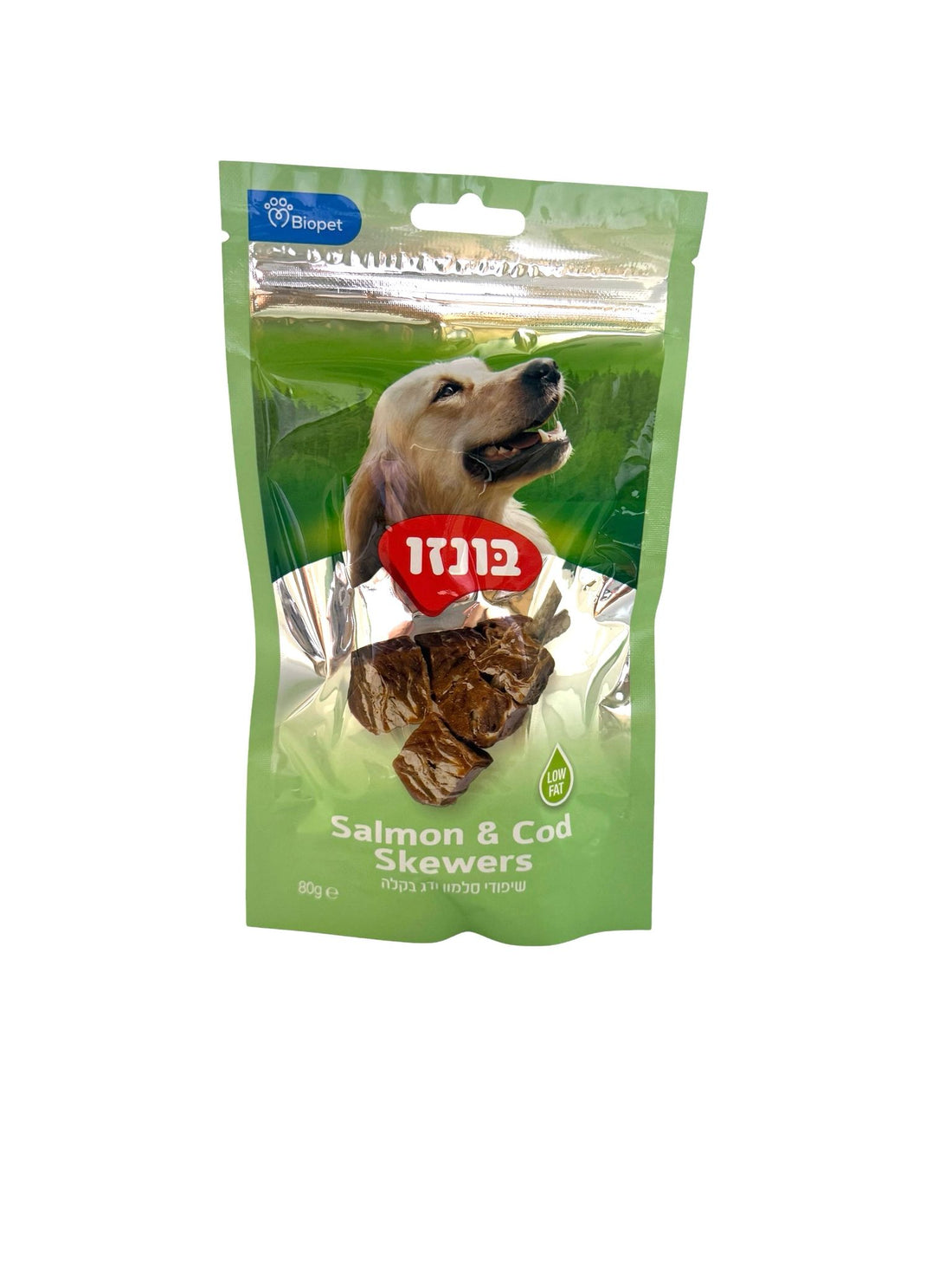 חטיף בונזו שיפודי סלמון ודג בקלה 80 גרם