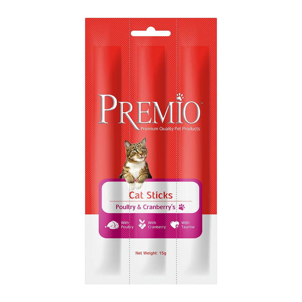 חטיף פרמיו 3 מקלות בשר בטעם בשר עוף וחמוציות